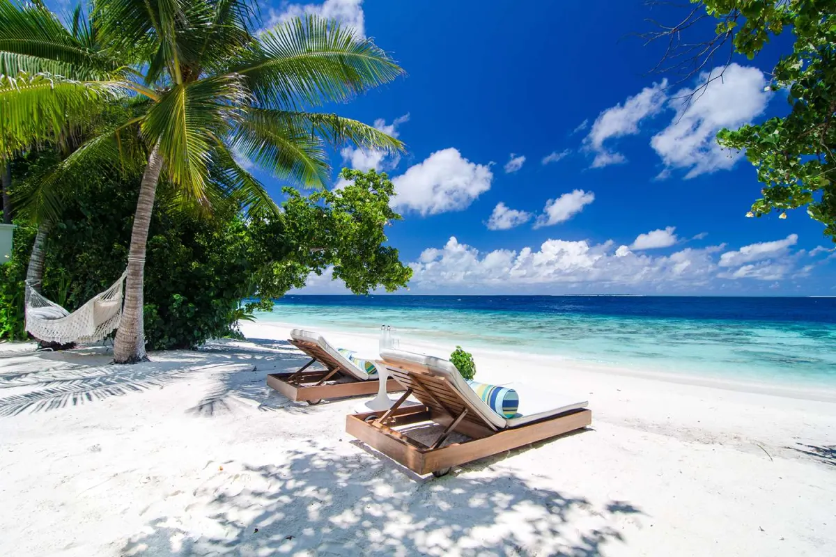 Amilla Maldives Resort and Residences — шезлонги и гамак на белоснежном песчаном пляже