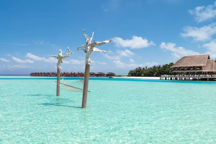 Anantara Dhigu Maldives Resort, Мальдивы — пляж Anantara Dhigu Maldives Resort — гамак прямо посреди мелкой бирюзовой лагуны у острова