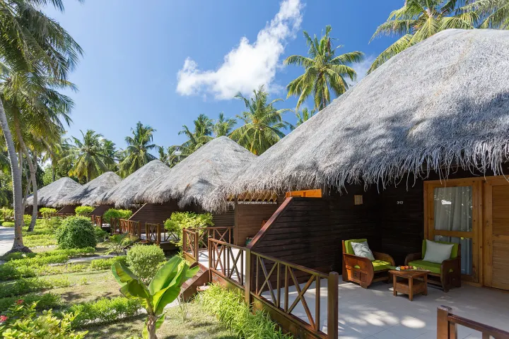 Bandos Maldives — деревянные бунгало с соломенными крышами среди пальм