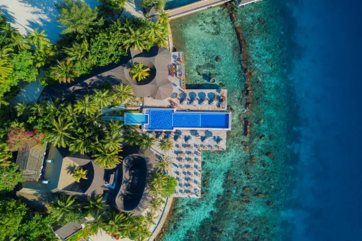 Centara Grand Island Resort & Spa Maldives, Мальдивы — бассейн Centara Grand Island Resort & Spa Maldives — вид сверху на главный бассейн с шезлонгами в тени деревьев
