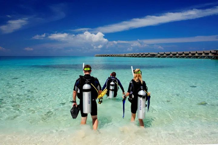 Centara Ras Fushi Resort & Spa Maldives, Мальдивы — развлечения Centara Ras Fushi Resort & Spa Maldives — группа дайверов в гидрокостюмах выходит из прозрачной воды