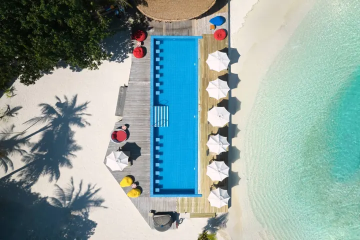 Centara Ras Fushi Resort & Spa Maldives, Мальдивы — бассейн Centara Ras Fushi Resort & Spa Maldives — вид сверху на прямоугольный бассейн и белые зонтики на пляже