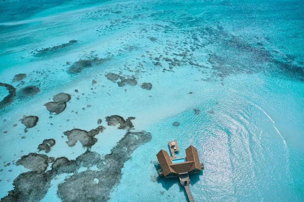 аэросъёмка кораллового рифа и водной виллы с бассейном — Cocoa Island by COMO