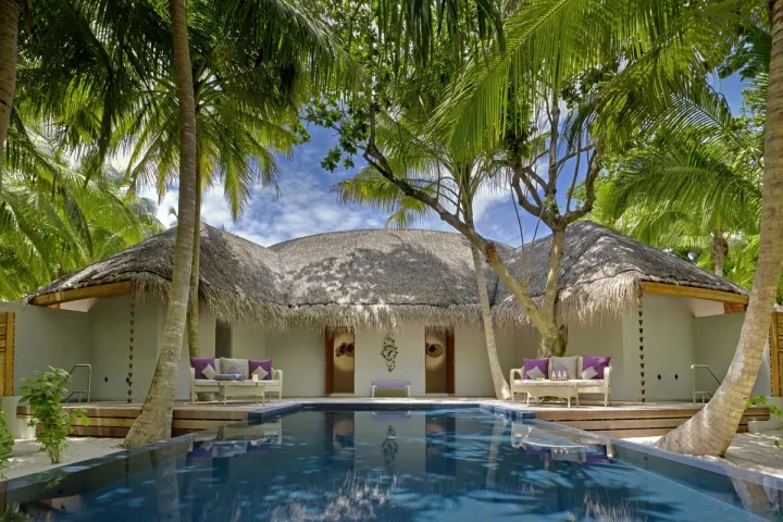 Dusit Thani Maldives — спа-зона с бассейном под пальмами