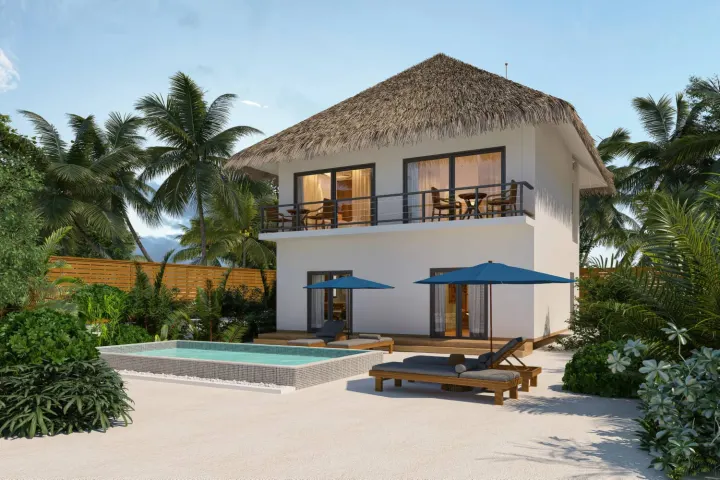 dusitD2 Feydhoo Maldives — панорамный вид на курортный остров и цепочку водных вилл в лагуне