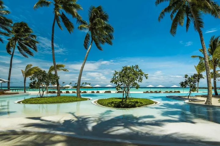 Maalifushi by COMO — бассейн с островками пальм у пляжа