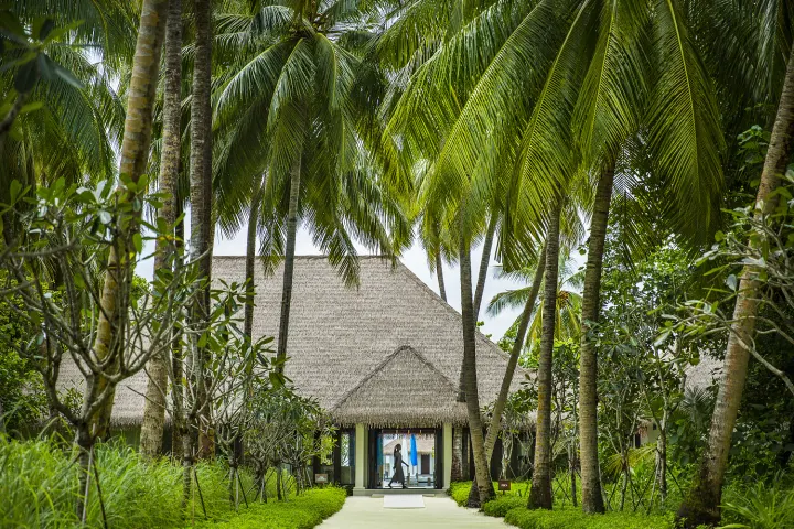 Maalifushi by COMO — вход в спа-центр среди пальм и зелени