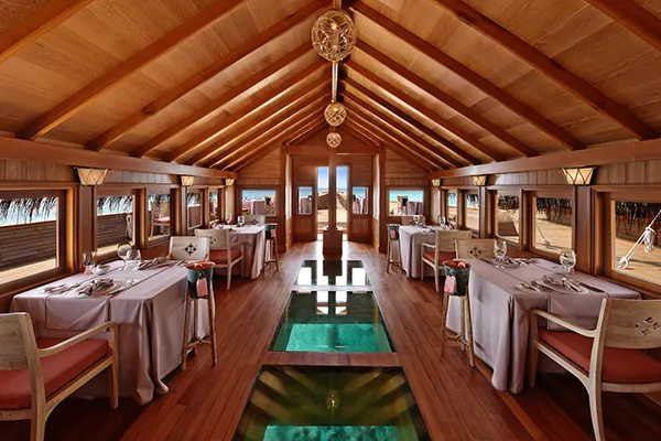 Milaidhoo Island Maldives — интерьер ресторана с деревянной крышей и стеклянным полом