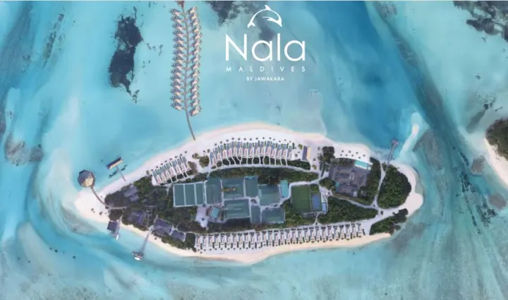 Nala Maldives by Jawakara — вид с воздуха на уединенный остров, песчаный пляж и лагуну
