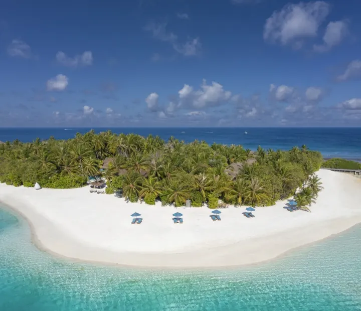 Naladhu Private Island Maldives — вид с воздуха на белоснежный песчаный пляж и густую зелень острова