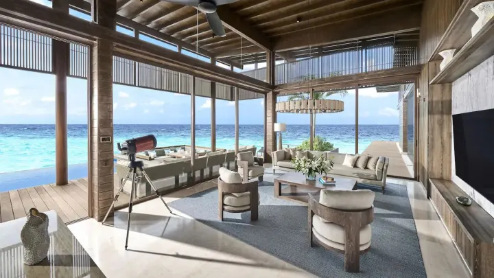 Park Hyatt Maldives Hadahaa — просторная гостиная флагманской резиденции на воде