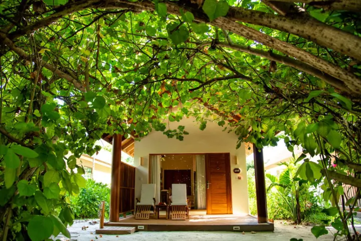 Reethi Faru Resort, Мальдивы — вилла на пляже Reethi Faru Resort — уютная вилла среди густой зелени