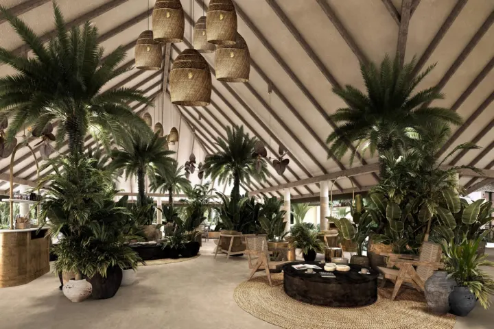 Royal Island Resort & Spa (Villa Haven), Мальдивы — прибытие Royal Island Resort & Spa (Villa Haven) — светлое лобби с высокой деревянной крышей и плетеными лампами