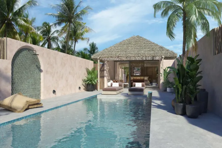 Royal Island Resort & Spa (Villa Haven), Мальдивы — вилла на пляже Royal Island Resort & Spa (Villa Haven) — уютная терраса виллы с джакузи и мягким диваном