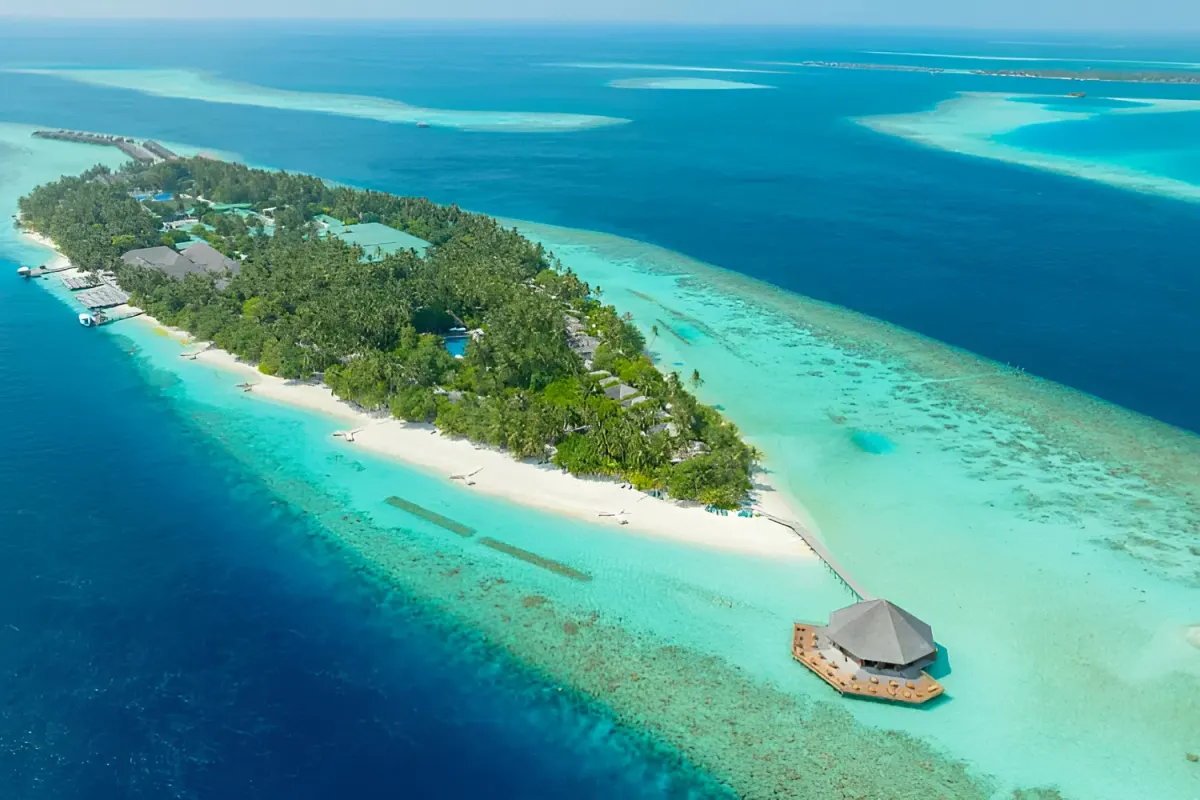 вид сверху на остров с рифом и баром на оконечности косы — Vilamendhoo Island Resort & Spa