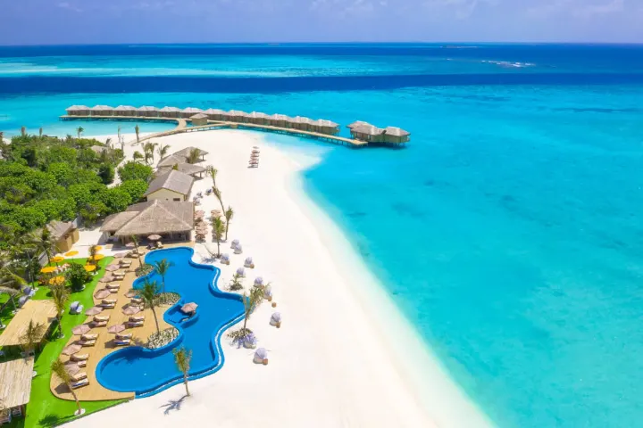 You & Me by Cocoon Maldives — вид сверху на фигурный бассейн с шезлонгами у пляжа